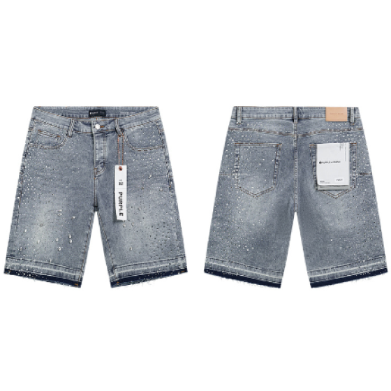 Light Blue Washed Denim Shorts with All-Over Rhinestone Studded Trim